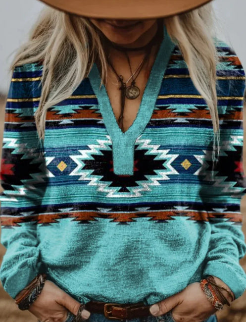 Aztec Print V-neck Long Sleeve Cotton Shirt