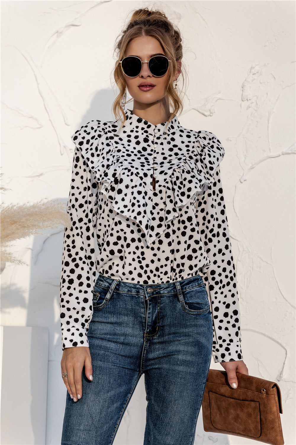 Polka Dot Ruffle Button Shirt