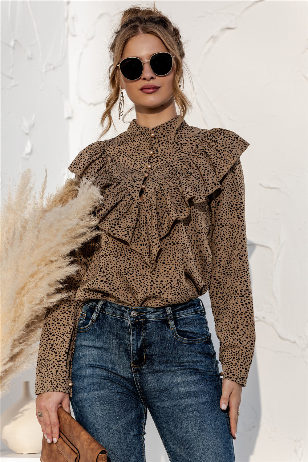 Polka Dot Ruffle Button Shirt