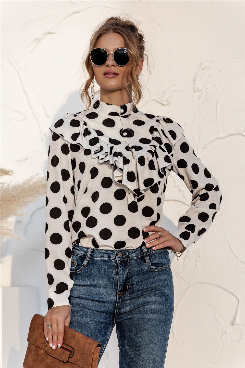 Polka Dot Ruffle Button Shirt