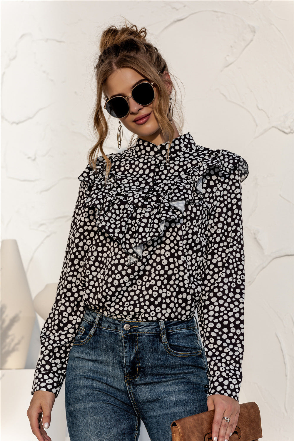 Polka Dot Ruffle Button Shirt
