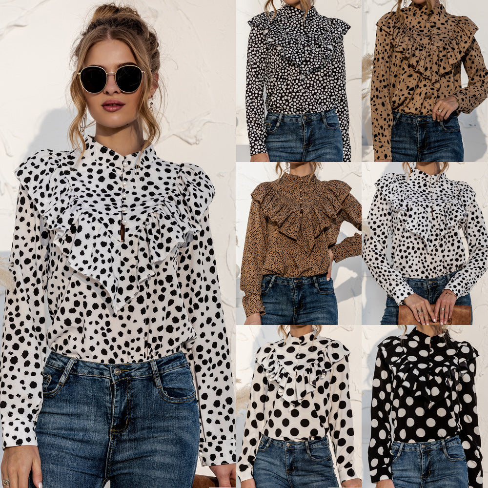 Polka Dot Ruffle Button Shirt