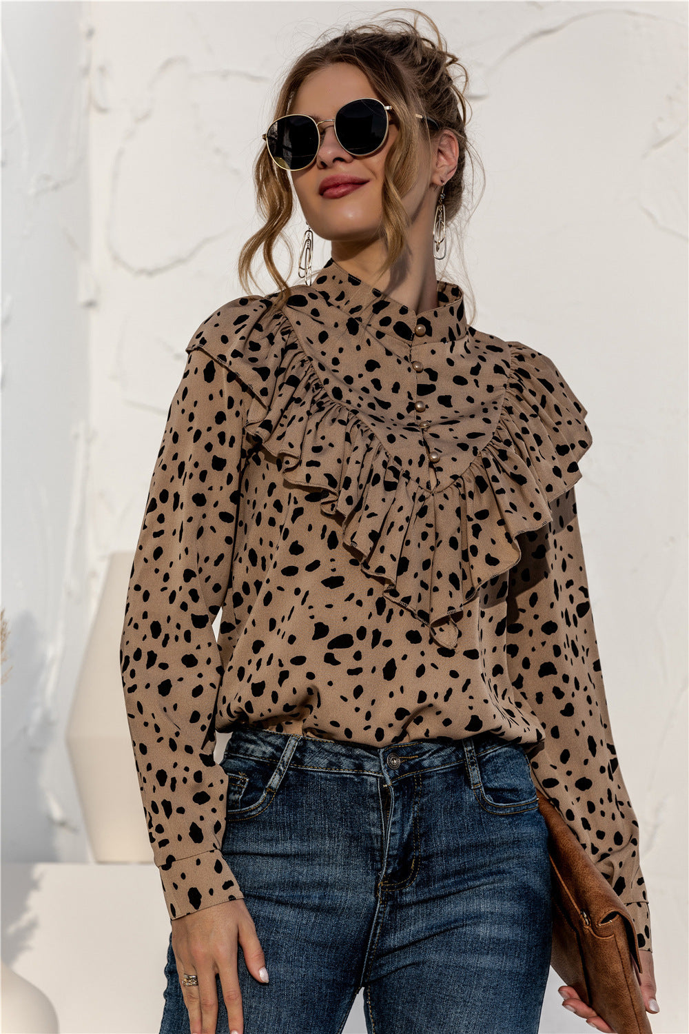 Polka Dot Ruffle Button Shirt