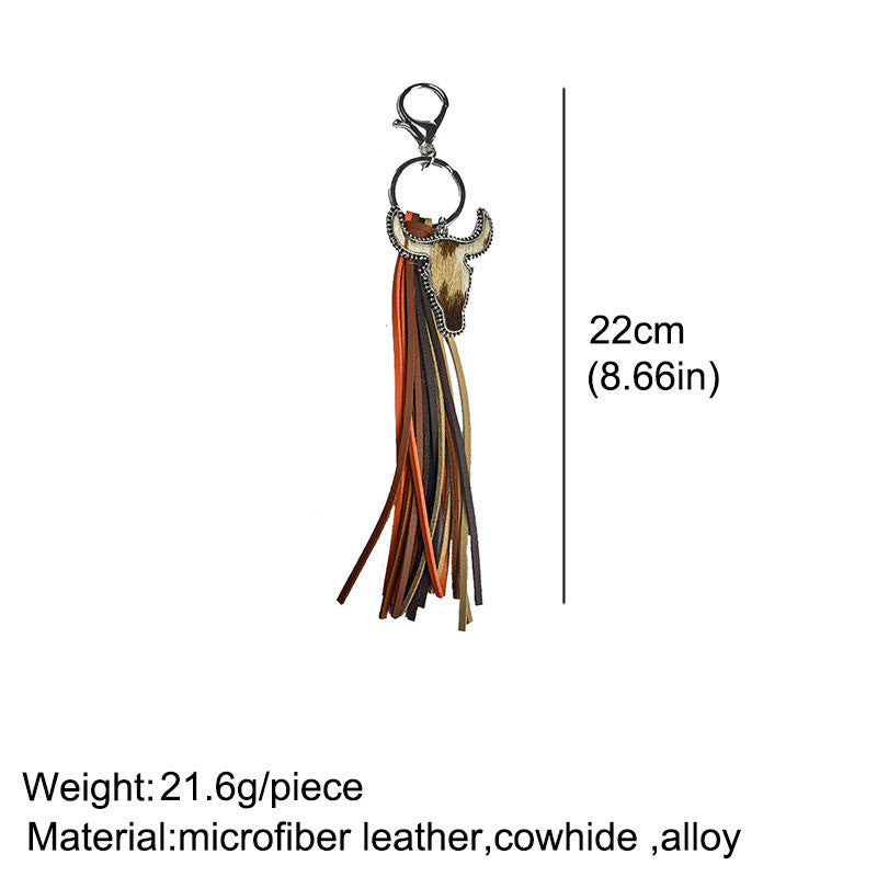 Cow Skull Leather tassel Keychain