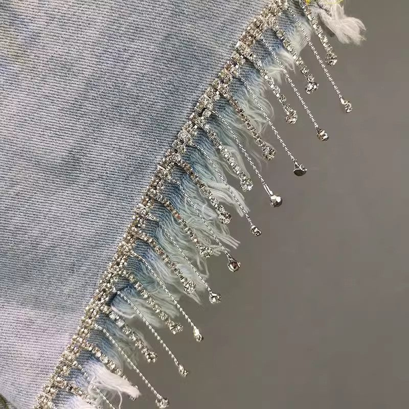 High Waist Rhinestone Tassel Denim Shorts