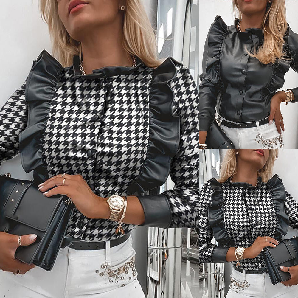 Houndstooth Leather Ruffle Shirt