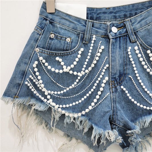 High Waist Rhinestone Fringed Shorts