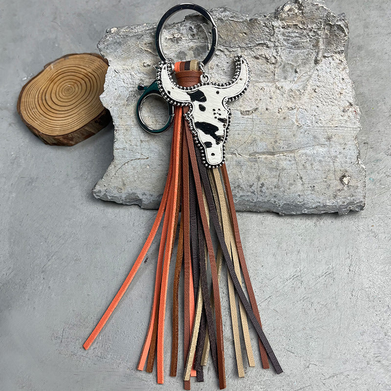 Cow Skull Leather tassel Keychain