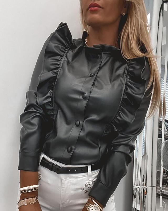 Houndstooth Leather Ruffle Shirt
