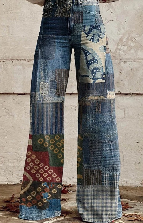 High Rise Pattern Pocket Wide Leg Pants