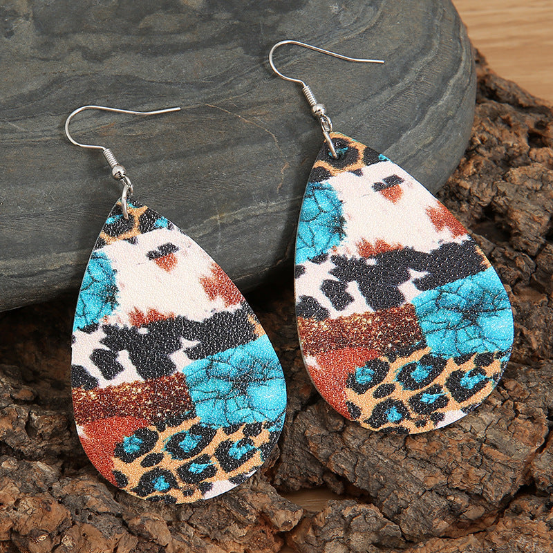 Drop-shaped Vintage Cow Leopard Leather Earrings