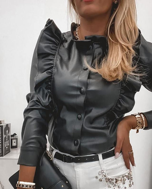 Houndstooth Leather Ruffle Shirt