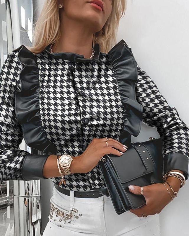 Houndstooth Leather Ruffle Shirt