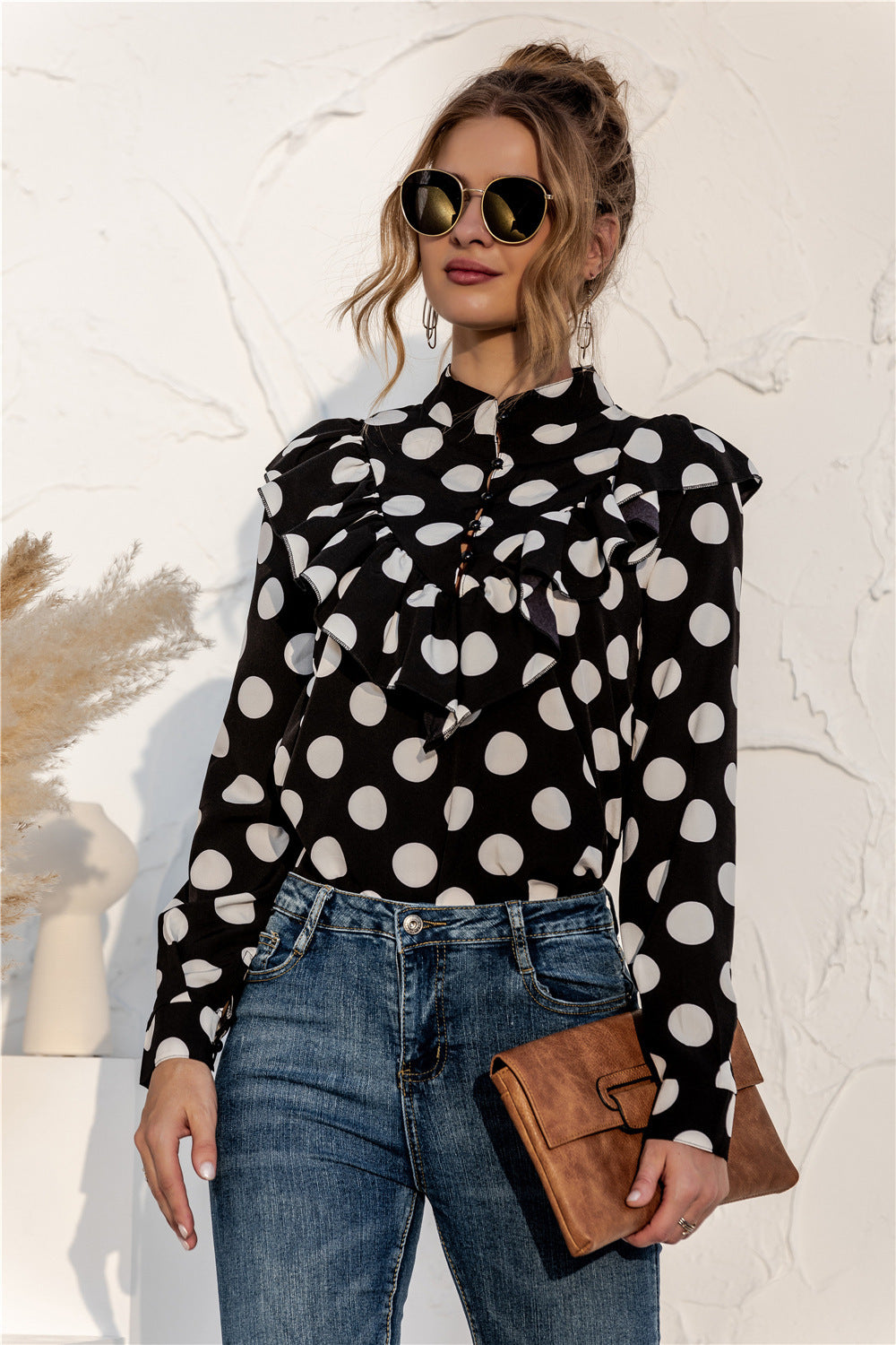 Polka Dot Ruffle Button Shirt