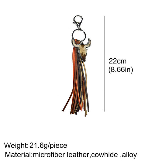Cow Skull Leather tassel Keychain
