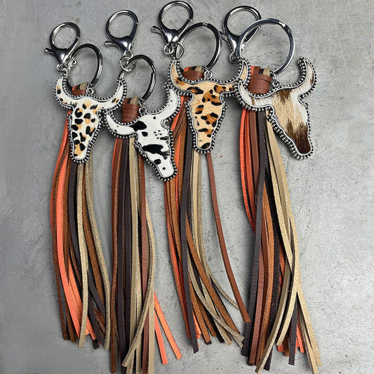 Cow Skull Leather tassel Keychain