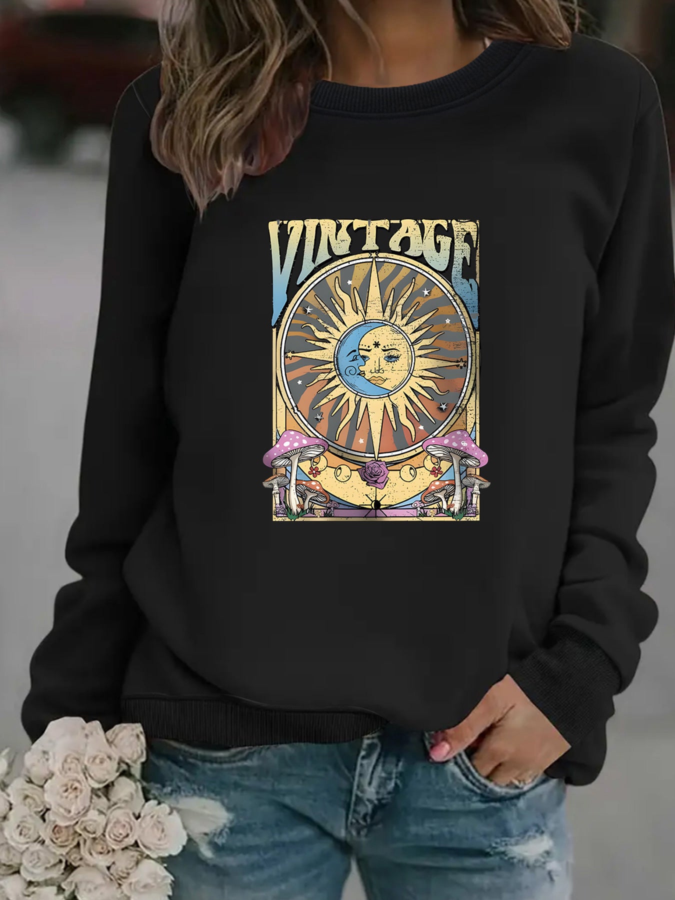 Sun Moon Print Pullover Sweater