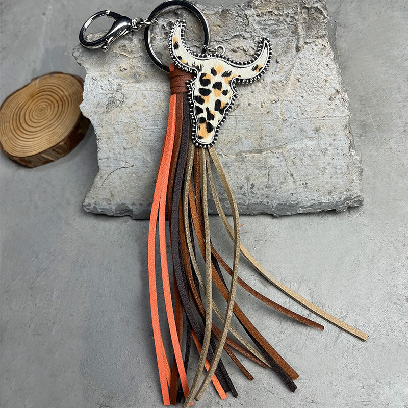 Cow Skull Leather tassel Keychain