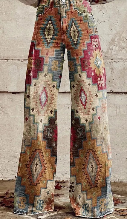 High Rise Aztec Print Wide Leg Pants