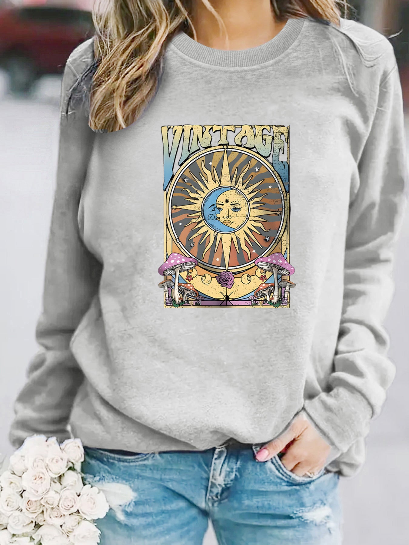 Sun Moon Print Pullover Sweater