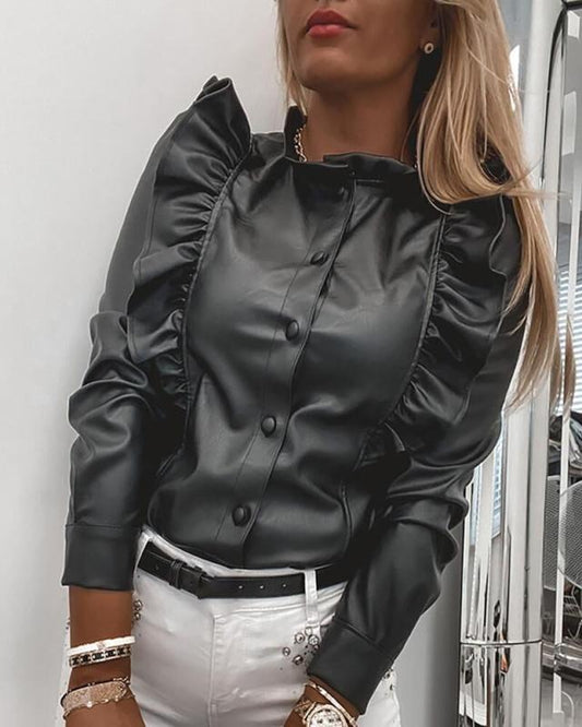 Houndstooth Leather Ruffle Shirt