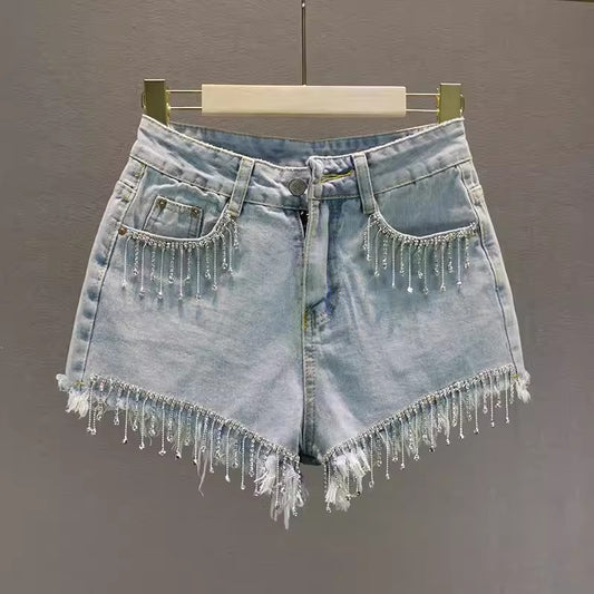 High Waist Rhinestone Tassel Denim Shorts