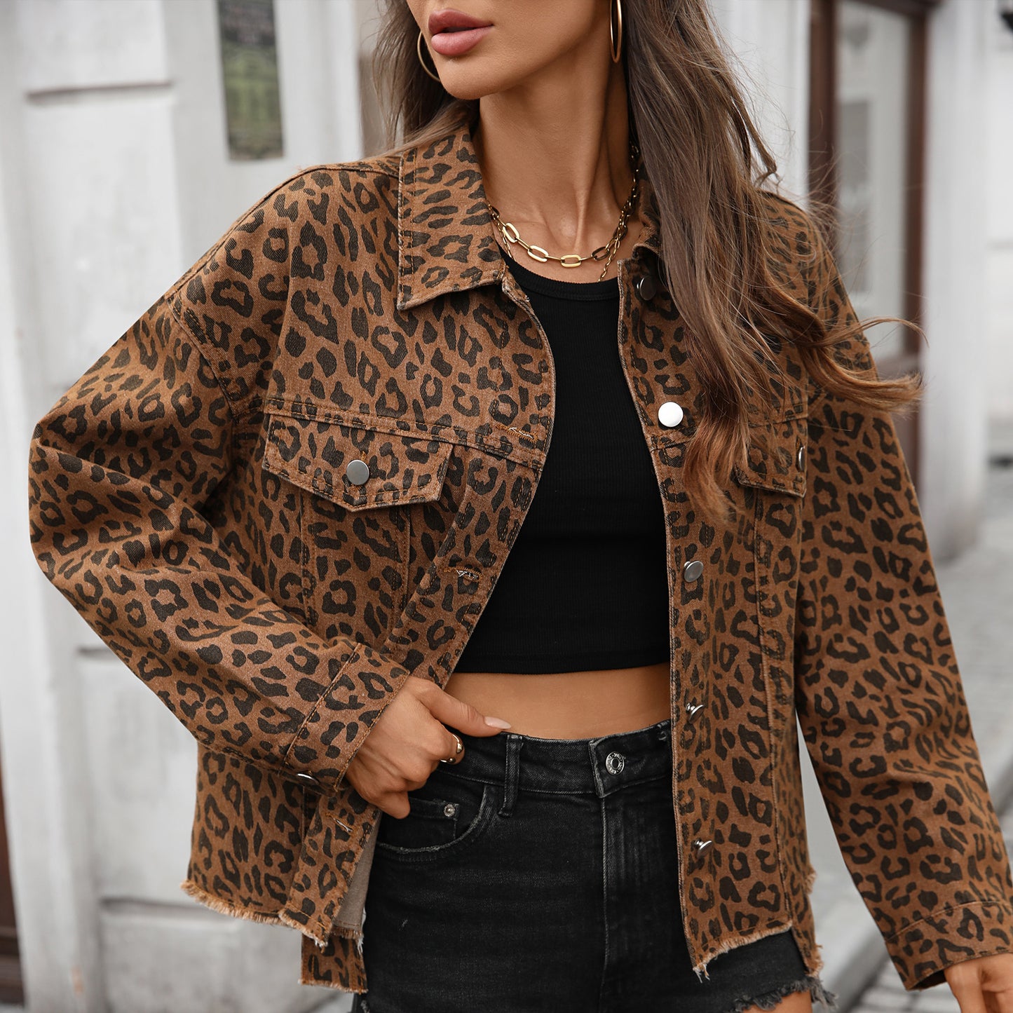 Leopard Print Denim Short Jacket