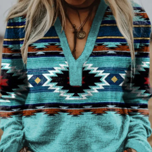 Aztec Print V-neck Long Sleeve Cotton Shirt