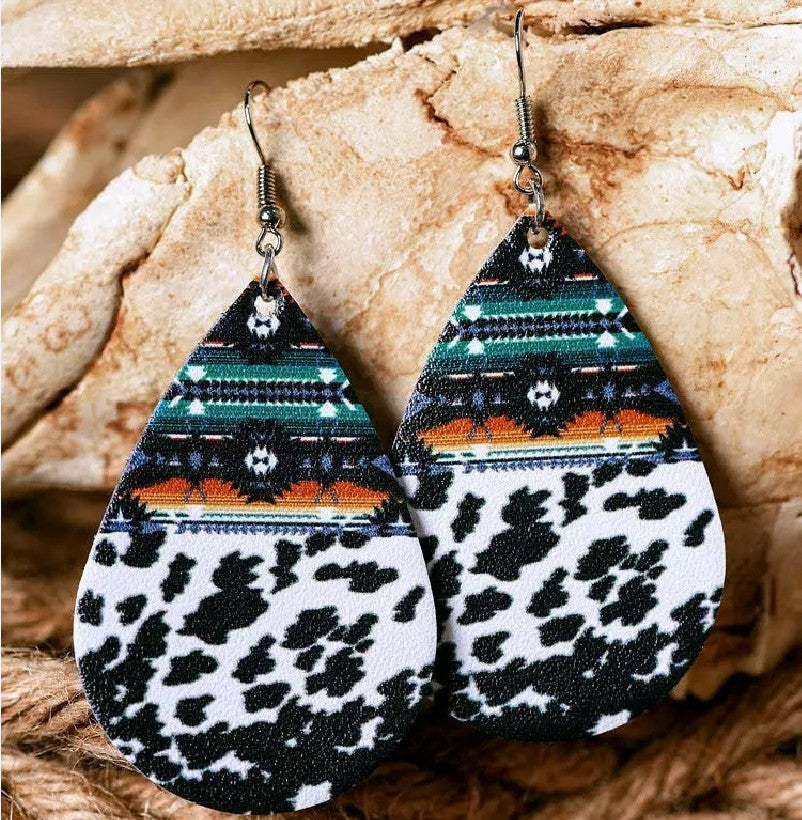 Drop-shaped Vintage Cow Leopard Leather Earrings
