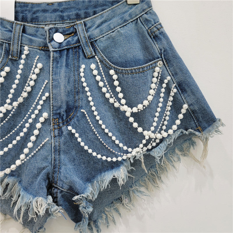 High Waist Rhinestone Fringed Shorts