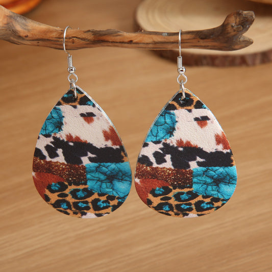Drop-shaped Vintage Cow Leopard Leather Earrings