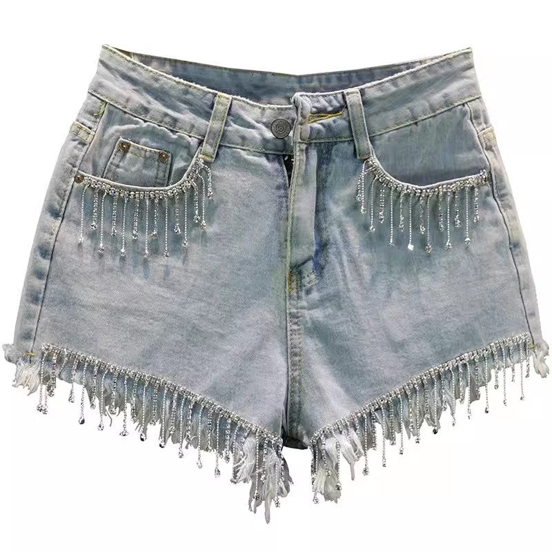 High Waist Rhinestone Tassel Denim Shorts