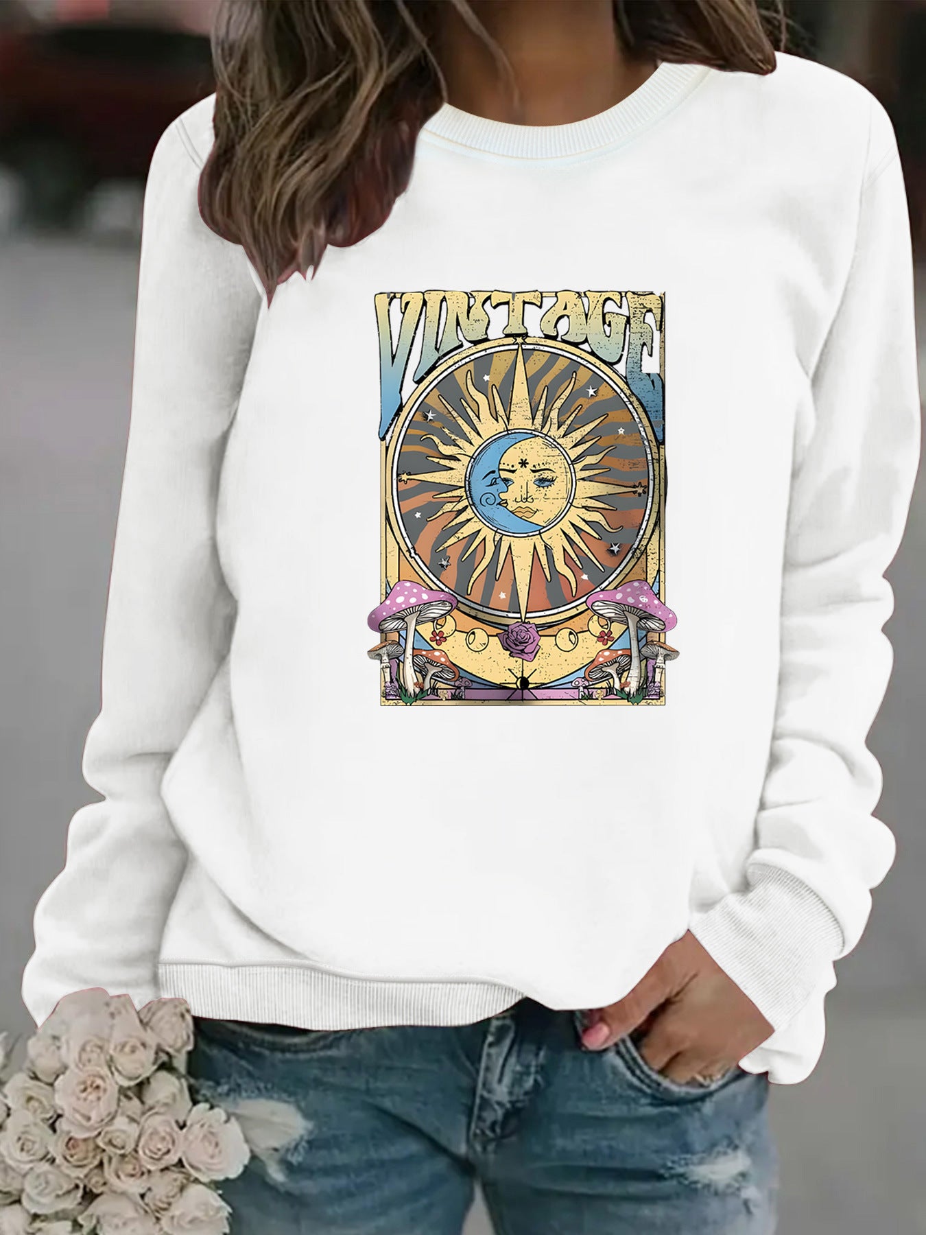 Sun Moon Print Pullover Sweater