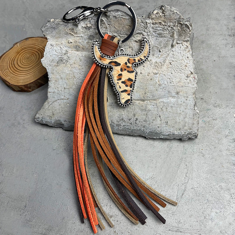 Cow Skull Leather tassel Keychain