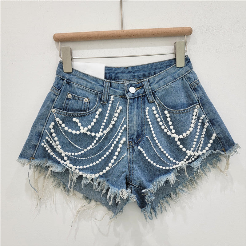 High Waist Rhinestone Fringed Shorts