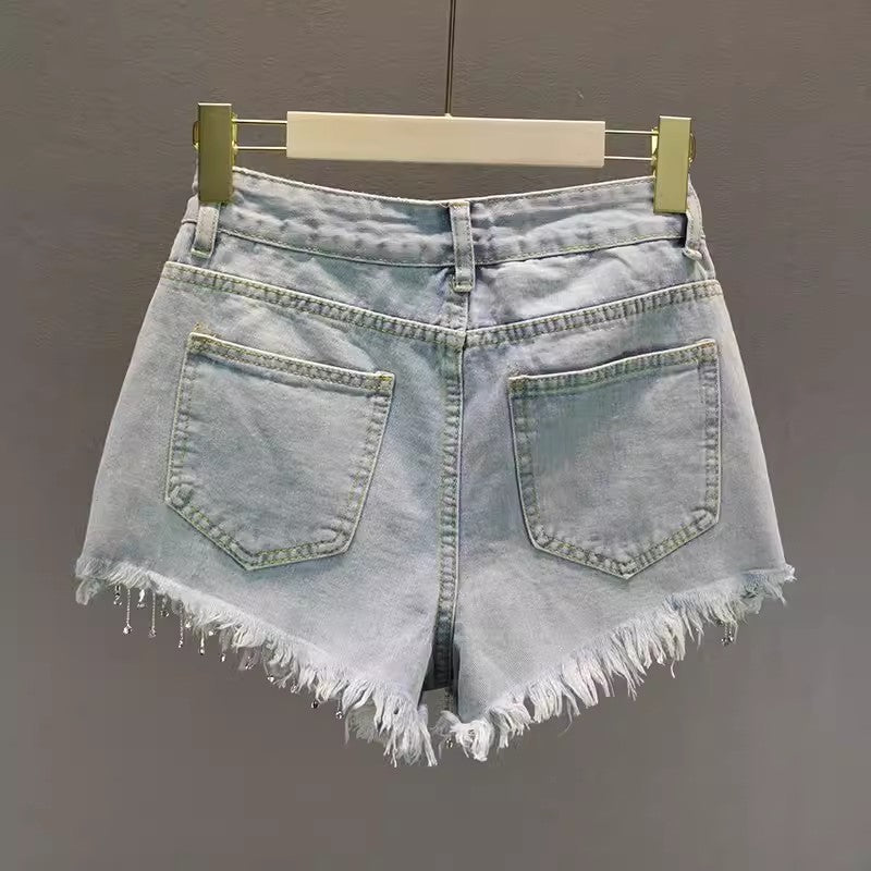 High Waist Rhinestone Tassel Denim Shorts