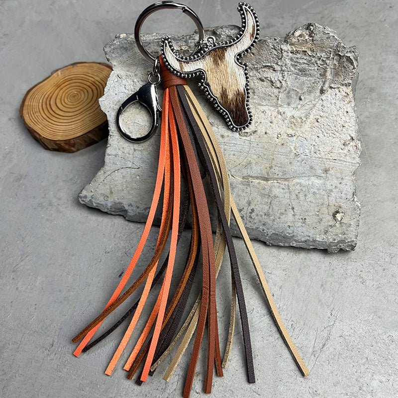 Cow Skull Leather tassel Keychain